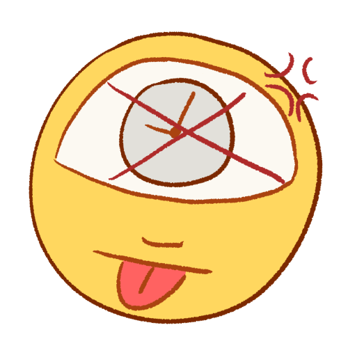 A digitally drawn emoji of a person sticking their tongue out with an angry expression. Drawn in their head is a clock with a large X drawn over it.